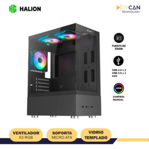 CASE HALION BUFFALO CR41 BLACK C/FUENTE 500W, MID TOWER ATX, VIDRIO TEMPLADO, 3 RGB
