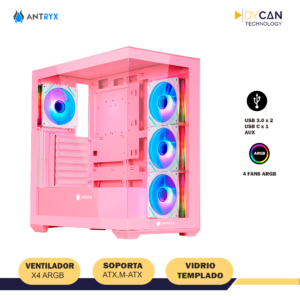 CASE GAMER ANTRYX FX-750 PINK, MID TOWER, ATX, DOBLE VIDRIO TEMPLADO, 4 ARGB, BTF