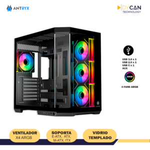 CASE GAMER ANTRYX FX-800 BLACK S/FUENTE, MID TOWER, TRIPLE VIDRIO TEMPLADO, 4 ARGB, BTF