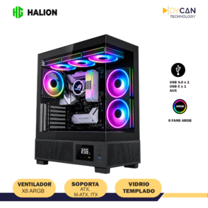 CASE GAMER HALION HPRO 740 S/FUENTE, MID TOWER ATX, 6 ARGB, DISPLAY 6", VIDRIO TEMPLADO